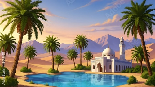 Beautiful White Mosque with Blue Lake and Palm Trees Landscape
