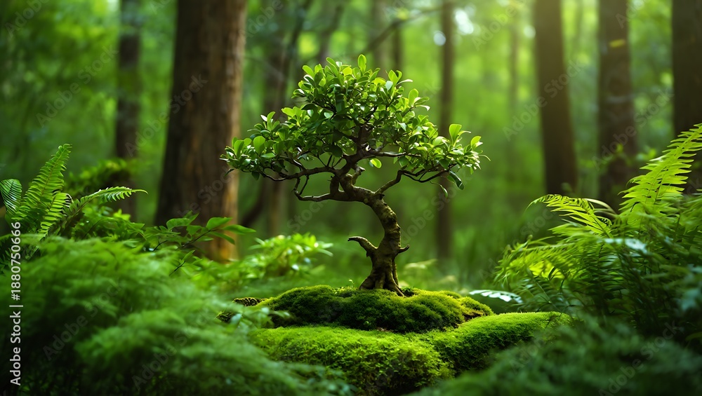 Obraz premium Lush Forest Tree with Mossy Base and Ferns