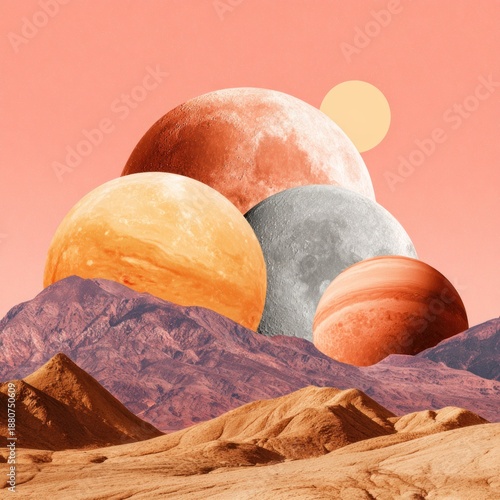 Wallpaper Mural Surreal landscape with planets replacing the sun and moon above brown desert mountains Torontodigital.ca