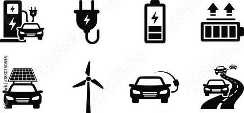 Electric vehicle charging and renewable energy icon set featuring battery power, clean transportation symbols, eco friendly car technology graphics, vector design