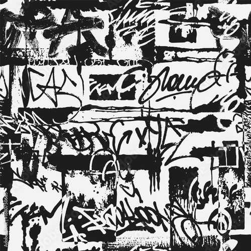 Black and white seamless grunge pattern for boy textile, sport urban clothes. Grunge graffiti texture, repeat print. Street art wall repeated ornament. Vector background