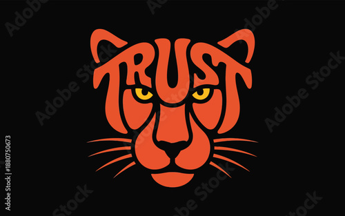 Bold orange tiger face with "TRUST" written in stylized letters across its forehead, set against a stark black background, creating a powerful and symbolic image of strength and reliability