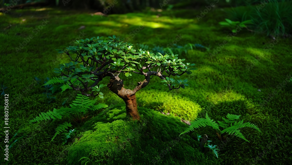 Obraz premium Lush Green Tree in Mossy Forest Landscape