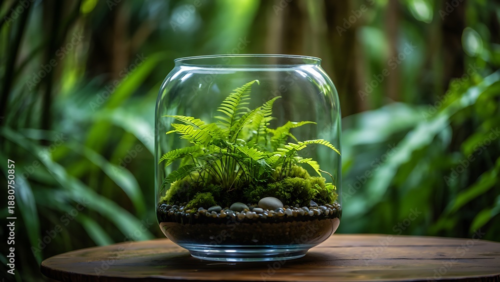 Fototapeta premium Terrarium with Ferns on Wooden Table in Lush Garden