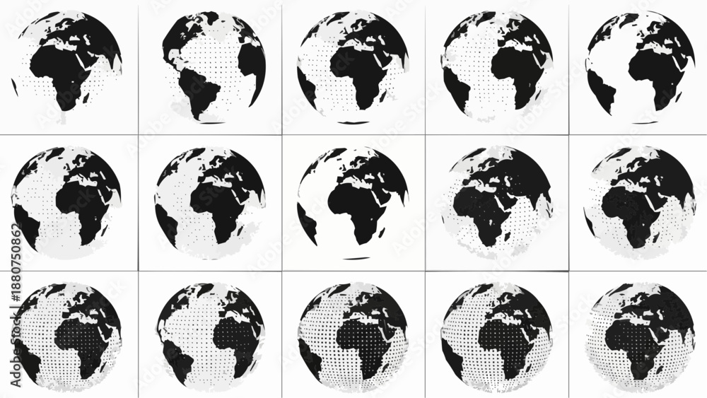 Obraz premium Black and white halftone earth globe icons in various dot patterns