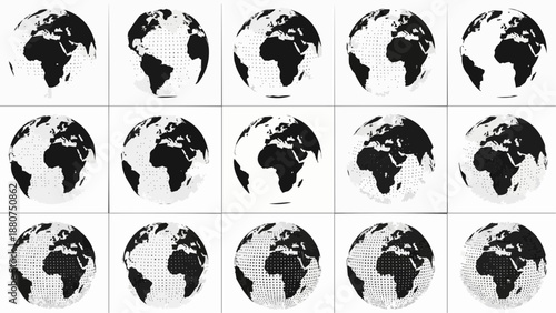 Black and white halftone earth globe icons in various dot patterns