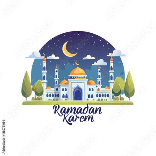 A whimsical cartoon vector illustration of an old medieval castle and house on a hill featuring fairy tale architecture with towers under a cloudy sky in a fantasy village landscape