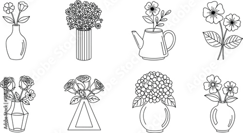 Elegant flower vase line art collection featuring roses, daisies and blossoms in minimalist containers, botanical illustration set for decor, design and craft projects