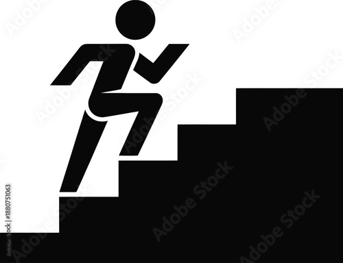 Illustration of a stylized figure running up a set of stairs, symbolizing progress, success, and achieving goals in a modern minimalist graphic style