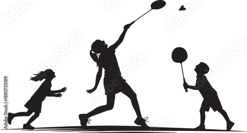Kids playing badminton in silhouette illustration for sports and recreational activities