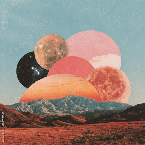 Wallpaper Mural Surreal collage of celestial bodies and mountains overlapping in vintage, textured design Torontodigital.ca