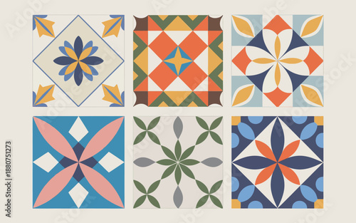 Geometric Mosaic Tile Patterns with Floral Motifs on a Beige Background, Perfect for Interior Design and Crafting Projects