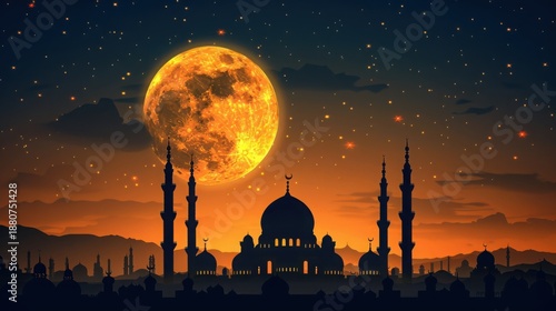 Ramadan Moon And Mosque Silhouette With Dark Copy Space