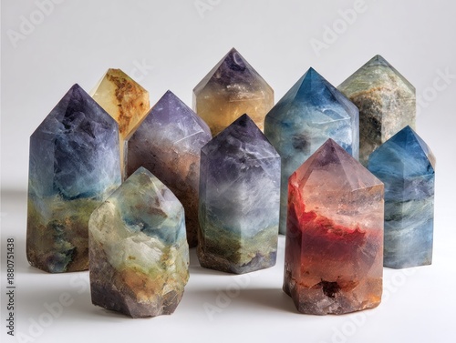 Wallpaper Mural Group of polished stone obelisks in various colors, arranged against a white backdrop Torontodigital.ca