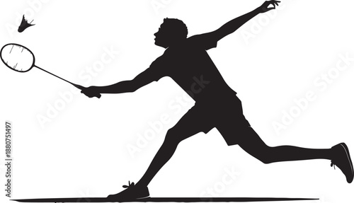Dynamic silhouette of a male athlete swinging a badminton racket in an energetic sport advertising composition
