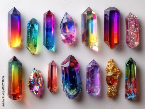 Wallpaper Mural Assortment of vibrant, multicolored crystals arranged against a clean white background Torontodigital.ca