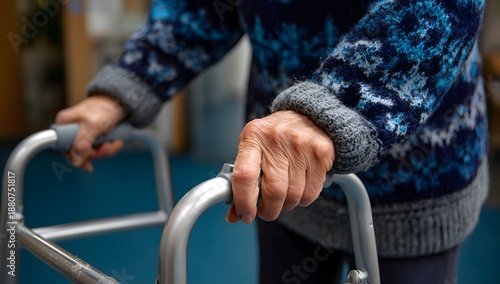 Close-up of elderly hands gripping a walker. Focus on weathered skin and the texture of a knitted sweater. Represents aging, support, and mobility assistance.