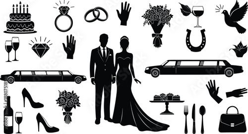 Elegant wedding silhouette collection featuring bride and groom, rings, flowers, decoration elements, luxury cars, champagne, celebration icons and accessories