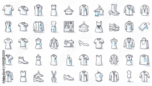 Collection of various fashion items and clothing illustrations