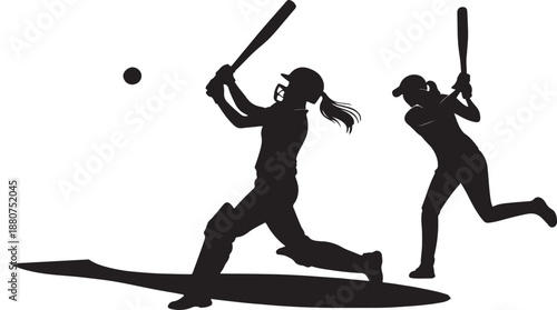 Female cricket players illustration with various poses and equipment