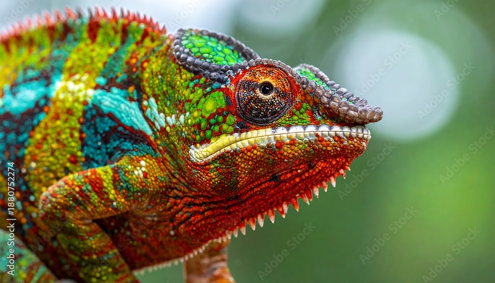 Obraz premium Close-up of a vibrant chameleon with intricate patterns and textures.