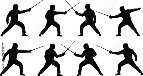 Fencing athlete silhouette collection showing sword fighting poses, fencing actions, duel stances, sports training movements, vector illustration set for design
