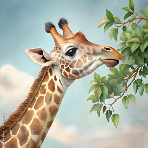 Giraffe reaching for leaves in a tranquil African setting. Animal portrait with foliage background. Wildlife subject for children's educational material. nature reserve.