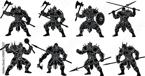 Fantasy armored warrior silhouette collection with weapons, battle poses, medieval fighters, combat characters, heroic fighters illustration, vector graphic action set