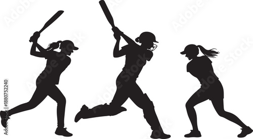 Female cricket players illustration with various actions and poses