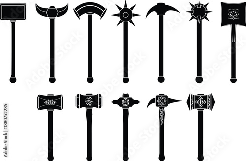 Fantasy war hammer and medieval weapon silhouette collection with decorative battle axes, spiked maces, and detailed blacksmith forged combat designs