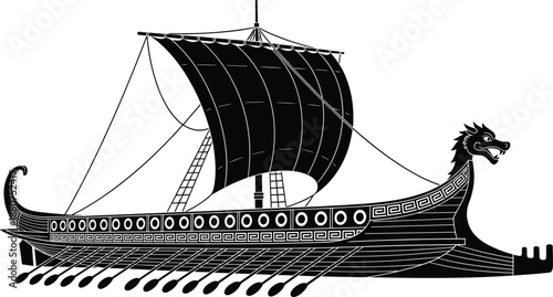 Detailed silhouette of an ancient Viking longship with dragon head, sail, oars, and decorative patterns for historical maritime illustrations