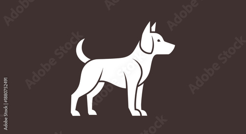 Vector illustration of white stylized dog silhouette standing, facing right. Minimalist graphic design symbolizing loyalty and companionship, ideal for pet-related logos or branding