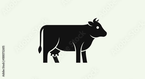 Minimalist black silhouette illustration of a domestic cow standing sideways, depicting a farm animal often associated with dairy and agriculture in a clean, graphic style