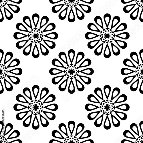 black and white Geometric with floral pattern background, ceramic tile pattern, Indian pattern, tile design, Moses wrapping, abstract, carpet, floral style