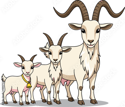 Vector Illustration of a Goat Family Featuring Three Cute Cream-Colored Goats of Different Sizes with Horns and a Small Kid Wearing a Yellow Bell for Farm Animal or Eid al-Adha Qurban Design