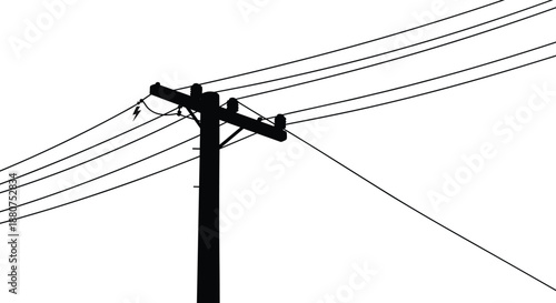 Electric pole with tensioned power lines, silhouette vector drawing, utility post wire network, black cable art, CAD flat illustration design
