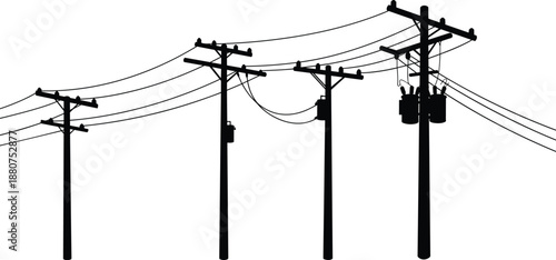 Electric power pole vector illustration, silhouette of utility poles, high voltage cables, black and white CAD drawing, energy line infrastructure
