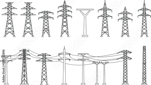 Electric power transmission tower vector set, high voltage pole illustration, utility line pylon front side view, CAD technical drawing