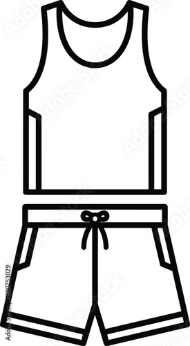 Vector Line Art Illustration of a Men's Athletic Training Set Featuring a Sleeveless Tank Top and Drawstring Shorts for Sports and Fitness Apparel Design