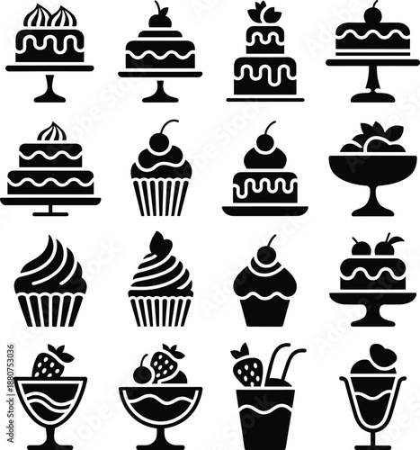 dessert, cake, cupcake, sundae, sweet, treat, food, icon, silhouette, pastry, bakery, sugar, chocolate, illustration, vector, design, cartoon, symbol, menu, confection