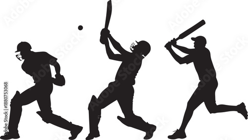 Dynamic illustration of male cricket players in action on a green field with bats balls and stadium background