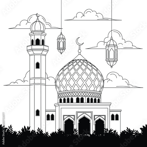Vector Line Art Illustration of a Mosque with a Detailed Patterned Dome and Tall Minaret Featuring Hanging Lanterns Clouds and Garden Foliage for Islamic Holiday Design