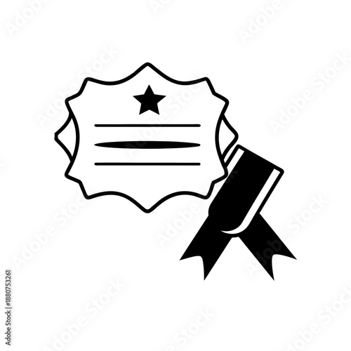 A black and white vector graphic of a star award ribbon icon with a rosette shape and a star symbol