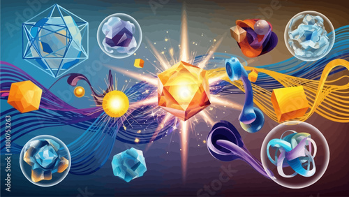 Abstract geometric shapes and crystal orbs in dynamic motion, surrounded by swirling lines and vibrant colors