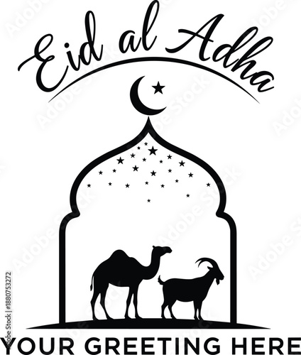 Vector Silhouette Illustration for Eid al-Adha Featuring a Camel and Goat Inside a Mosque Arch with a Crescent Moon and Stars for Islamic Holiday Greeting Design