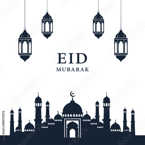 Vector Silhouette Illustration for Eid Mubarak Featuring Hanging Lanterns and an Intricate Mosque Skyline with Multiple Domes and Minarets for Islamic Holiday Greeting Design
