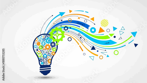 Creative idea generation with lightbulb and abstract shapes flowing from it, symbolizing innovation and imagination