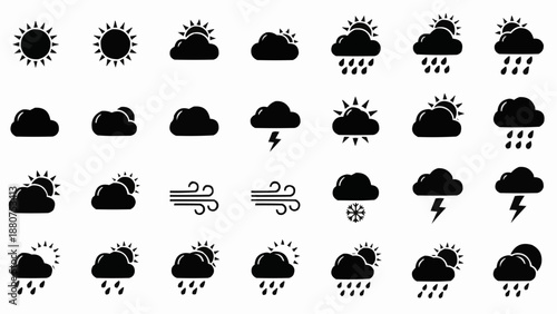 Weather forecast icons set with various cloud and sun symbols