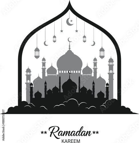 Vector Silhouette of a Grand Mosque Skyline Under an Arch Featuring Multiple Domes and Minarets with Hanging Lanterns and Crescent Moons for Ramadan Kareem Holiday Design