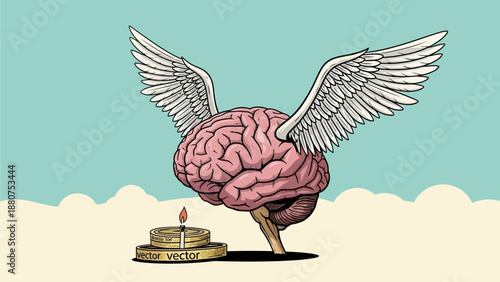 Illustration of a brain with wings flying over a lit candle on a cloudy sky background from a surreal viewpoint